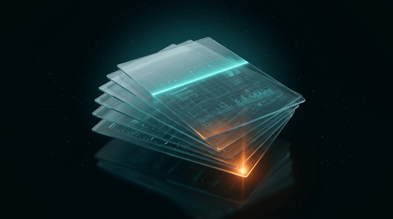 A stack of five semi-transparent glass document panels fanned and layered on a dark reflective surface. The top panel is illuminated by a bright teal scanning light sweeping horizontally across it, revealing faint data grids and chart lines beneath. An amber-orange glow emanates from the base of the stack, reflecting warmly on the surface below. The background is deep near-black with sparse scattered light points. The overall mood is technical, precise, and cinematic.